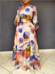  Casual Allover Print Bell Sleeve Maxi Dress With Pockets