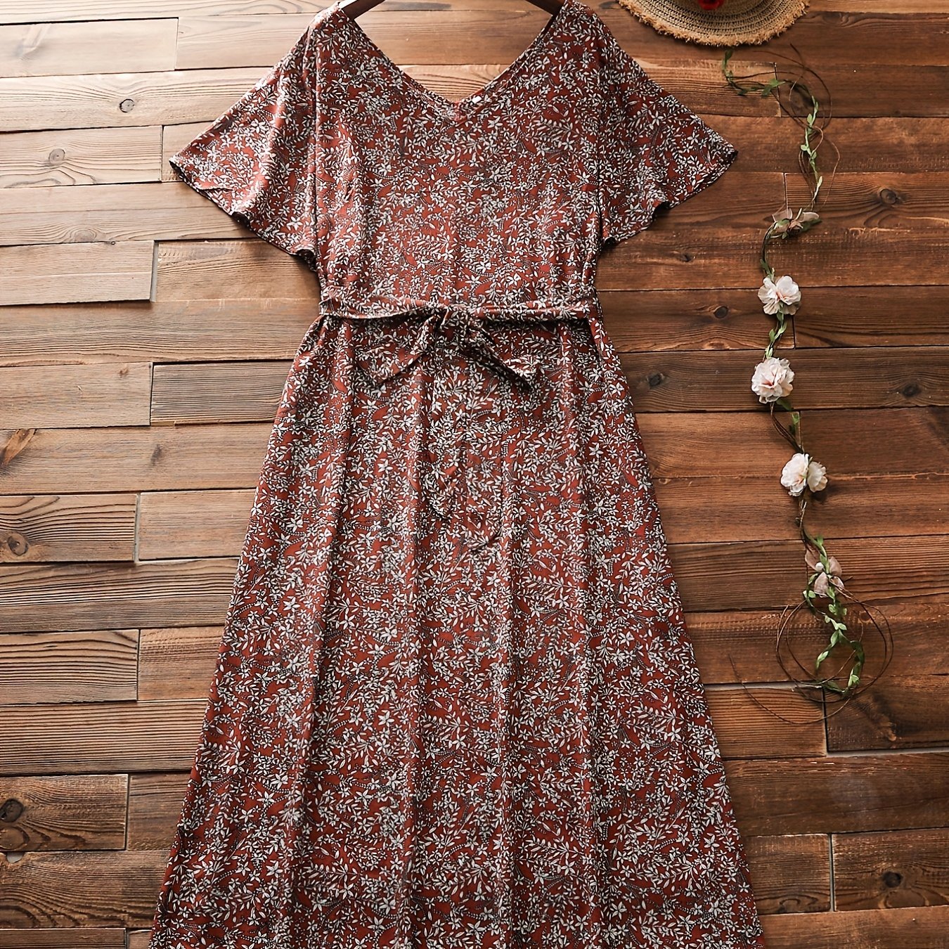 Floral Print Cap Sleeve V Neck Dress Plus Size