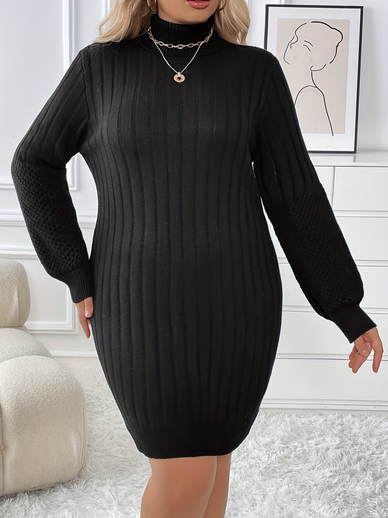  Solid Ribbed Long Sleeve High Neck Bodycon Midi Knit Dress