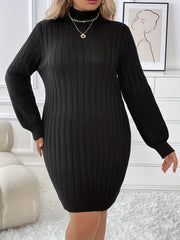  Solid Ribbed Long Sleeve High Neck Bodycon Midi Knit Dress