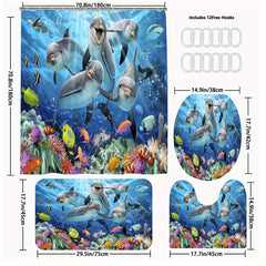 Waterproof Dolphin Shower Curtain Set with Non Slip Bathroom Rug
