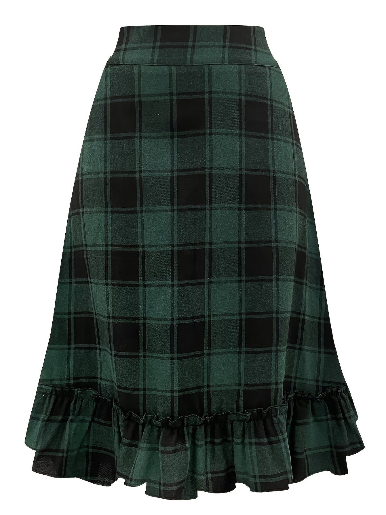 Plaid Print Ruffle Trim A line Maxi Skirt