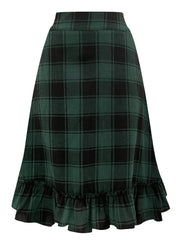  Plaid Print Ruffle Trim A line Maxi Skirt