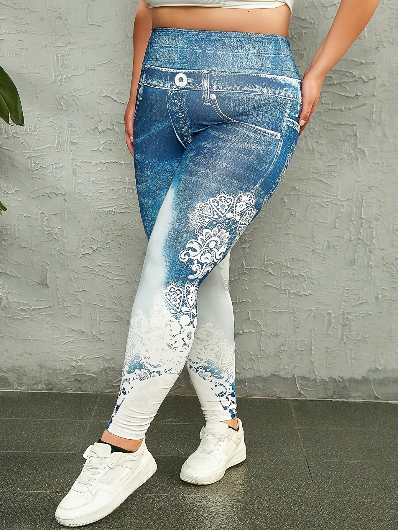  Denim & Lace Print High Rise Stretch Skinny Leggings