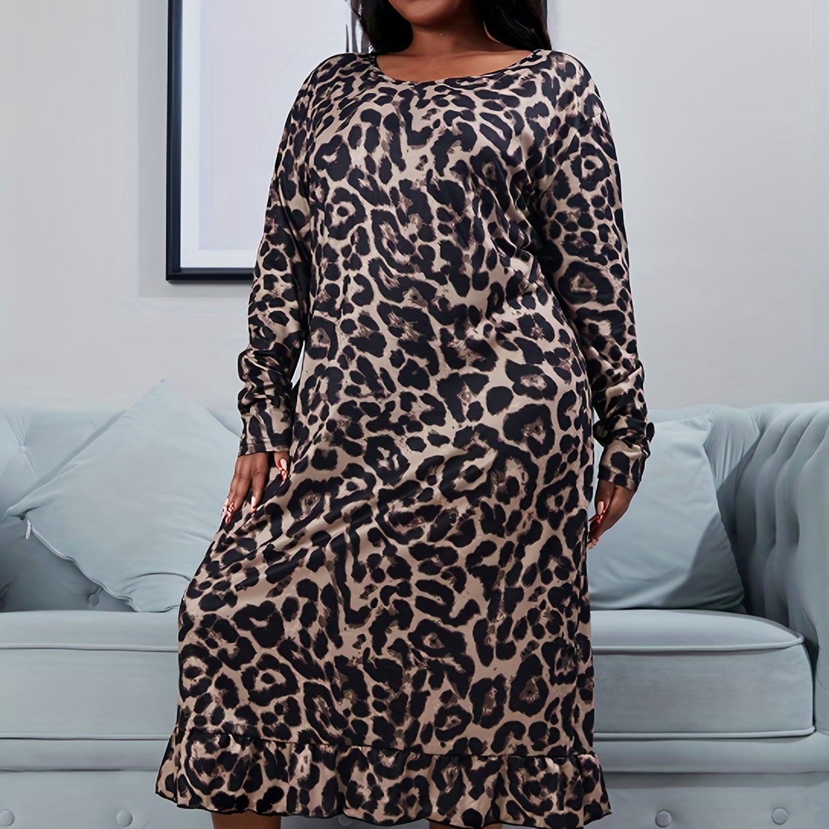  Leopard Print Ruffle Trim Nightdress