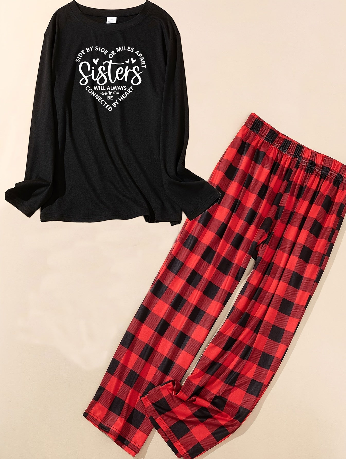  Lounge Set Women's Plus Letter & Heart Print Tee & Plaid Pants Pajamas