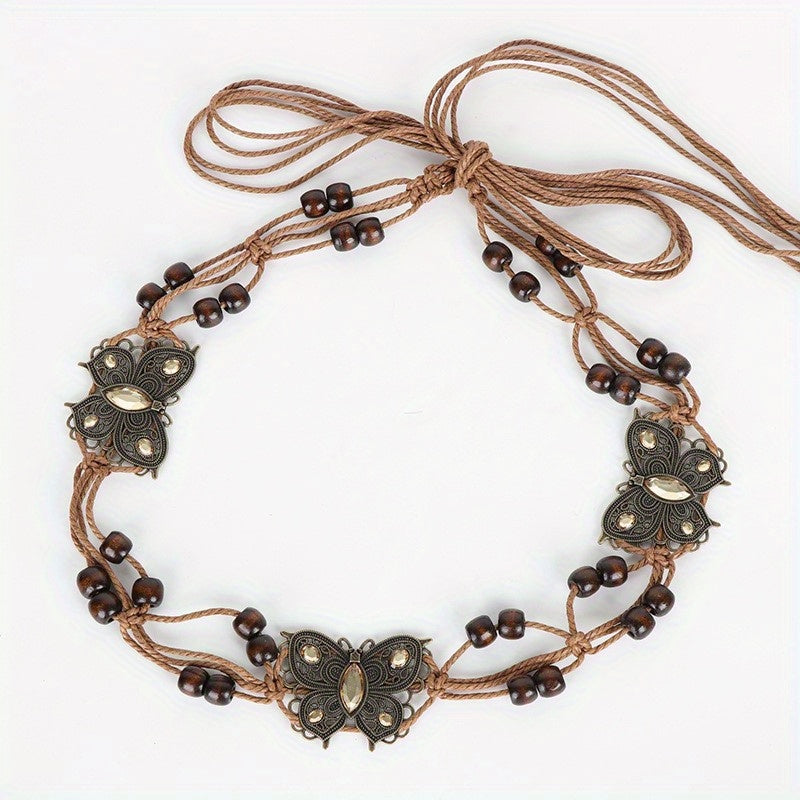 Boho Rhinestone Butterfly Belt Vintage Beaded Braided Sash Belt