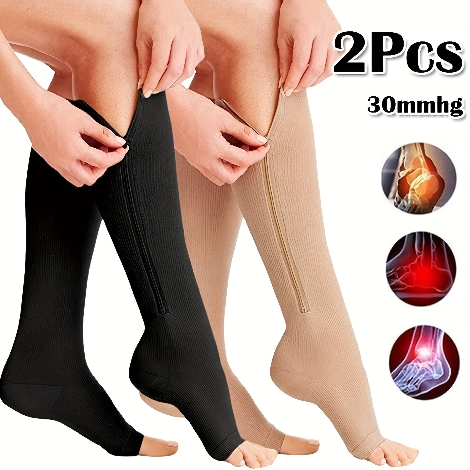 Compression Socks Open Toe Side Zipper Knee High Warm Sporty Stockings