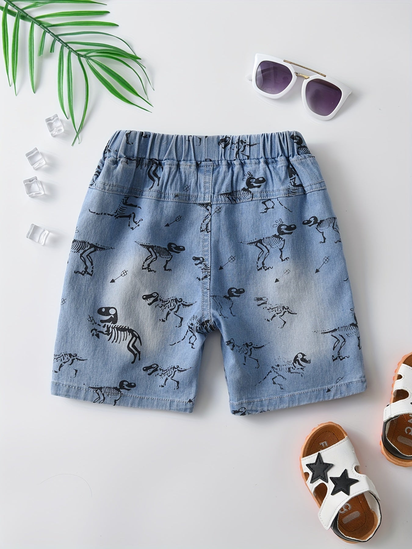 Skeleton Dinosaur Print Boys Denim Shorts