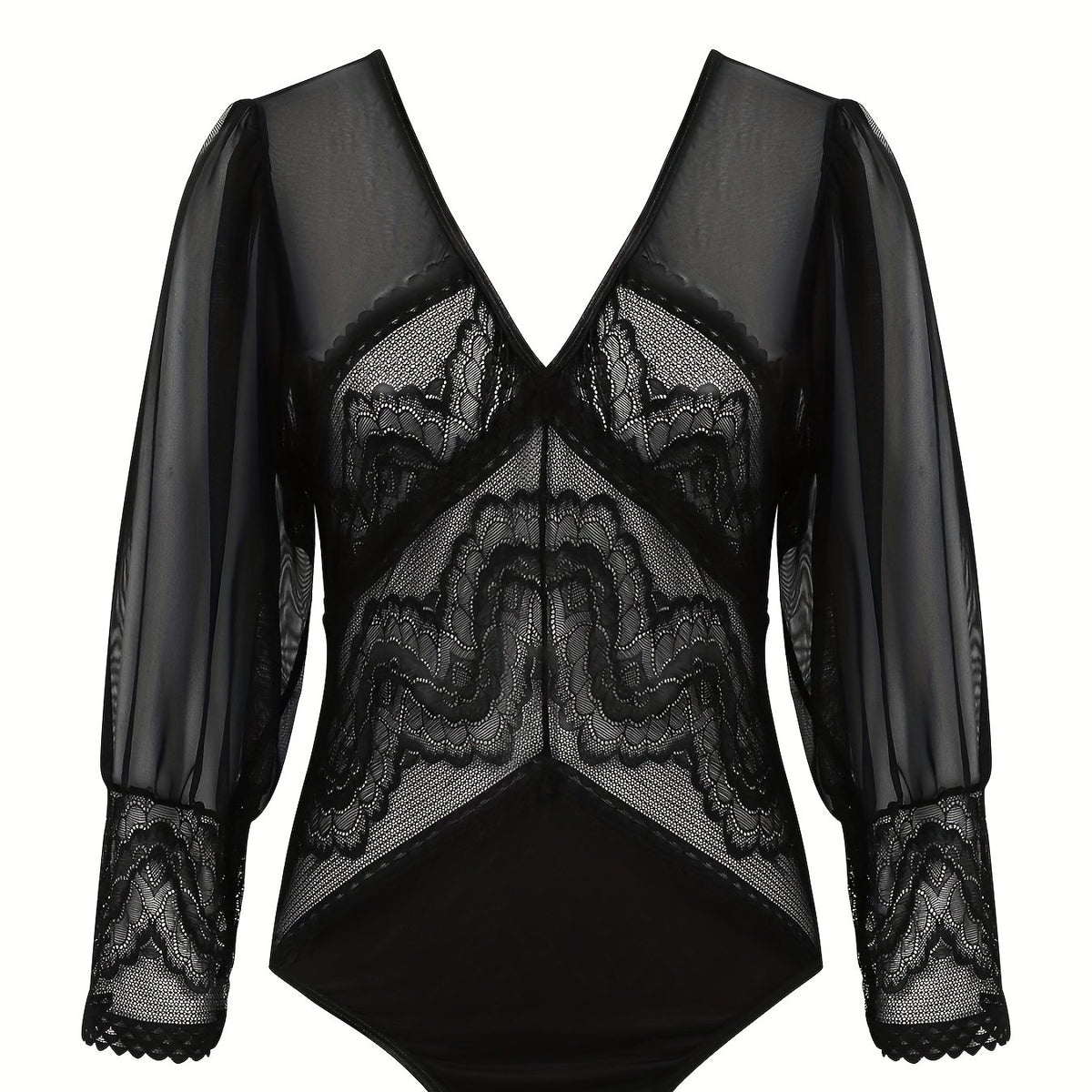  Floral Jacquard Mesh V Neck Semi Sheer Bodysuit