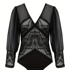  Floral Jacquard Mesh V Neck Semi Sheer Bodysuit