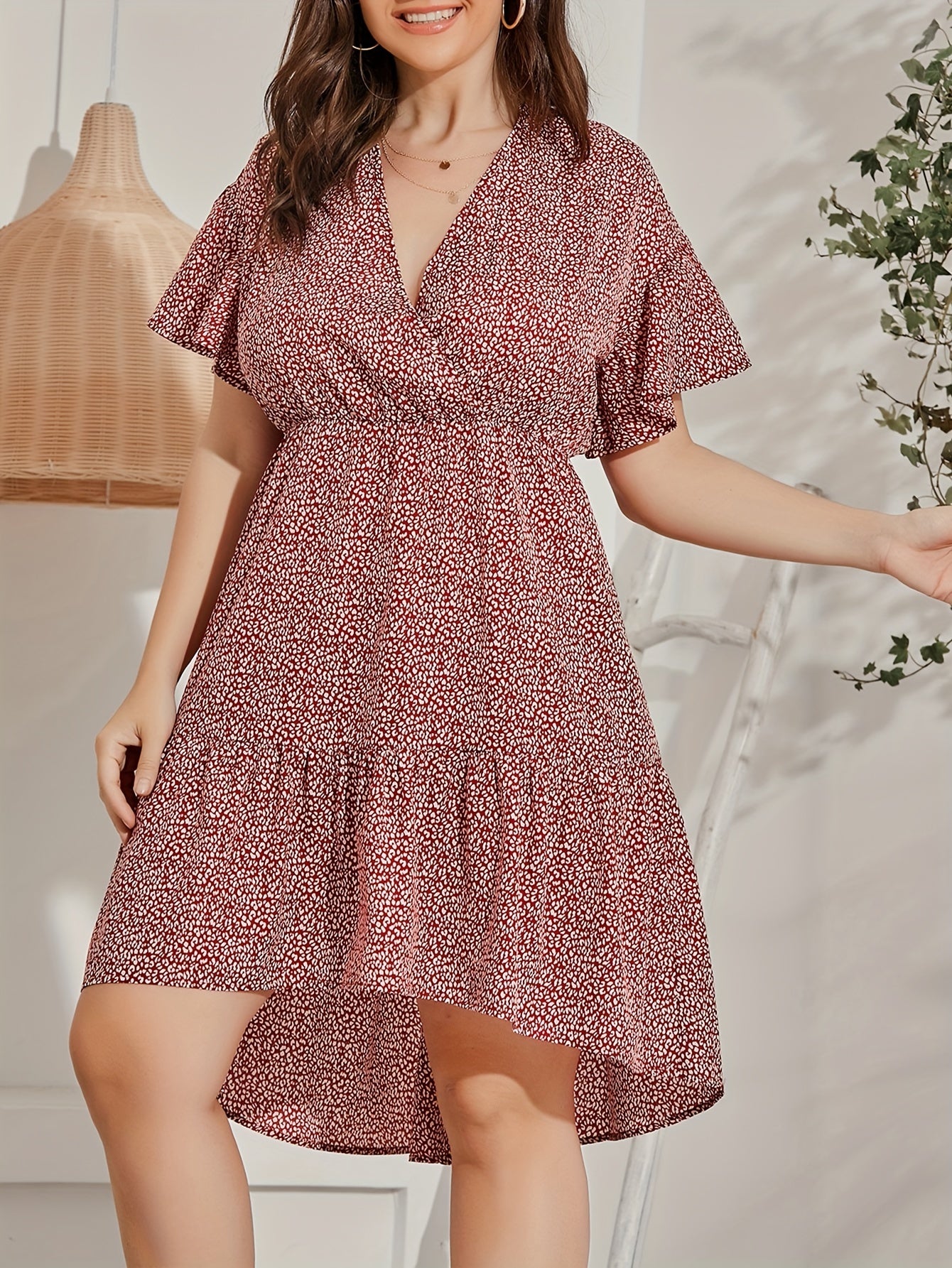 Women's Plus Dalmatian Print Ruffle Trim Dress
