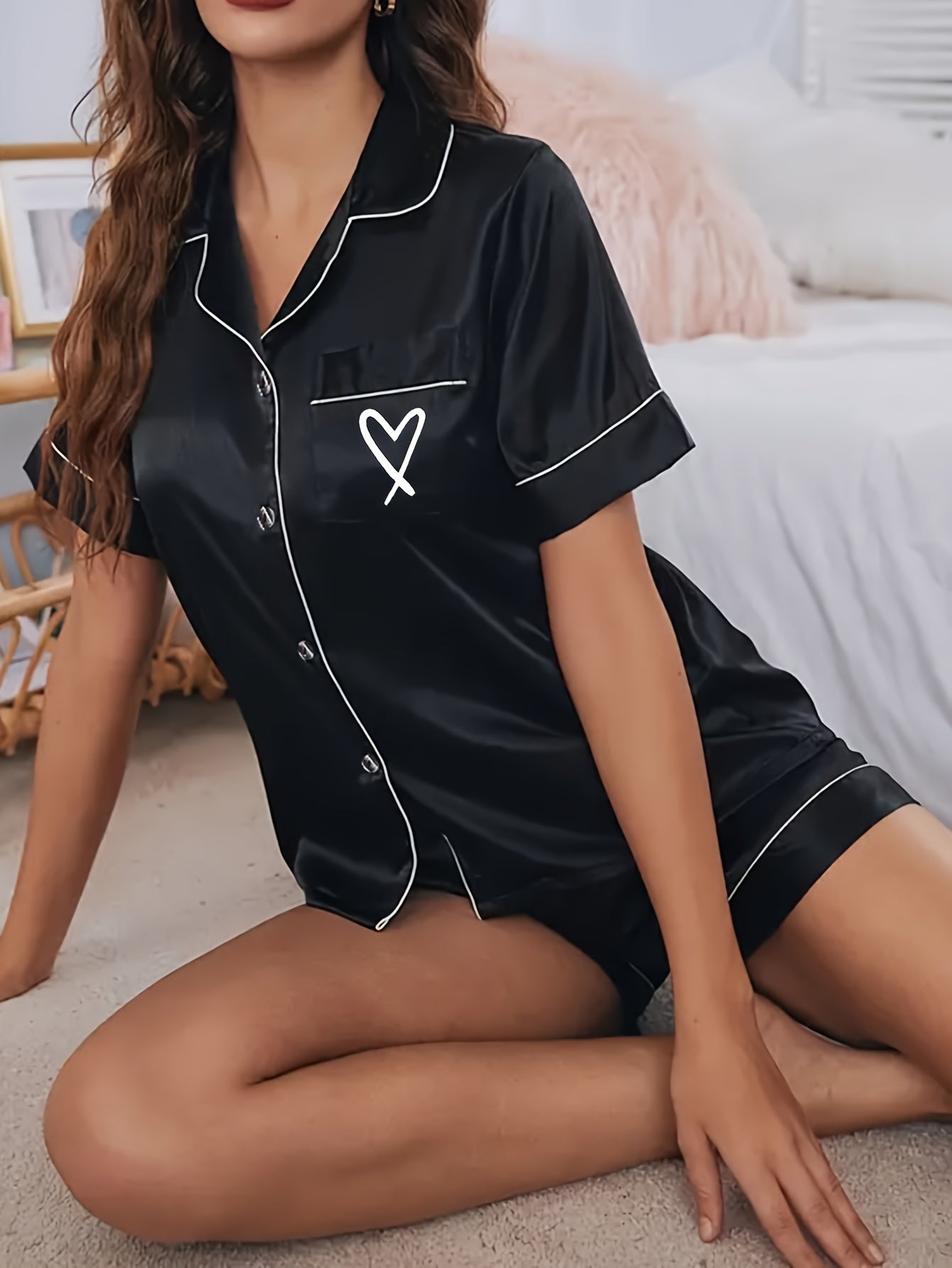 Heart Print Pajama Set Short Sleeve Buttons Top & Elastic Waistband Shorts