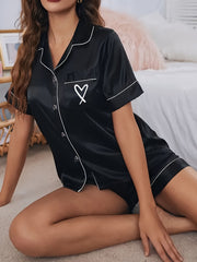 Heart Print Pajama Set Short Sleeve Buttons Top & Elastic Waistband Shorts