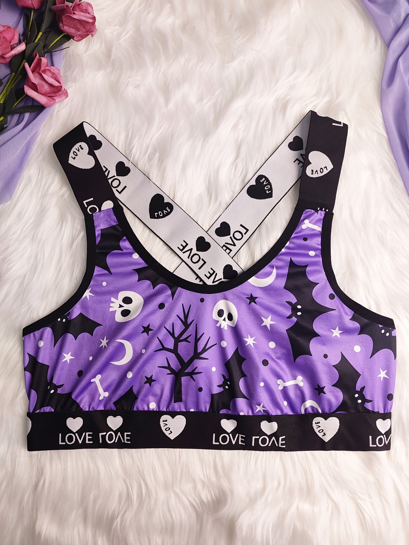  Skull & Bat Print Letter Tape Crisscross Back Bralette