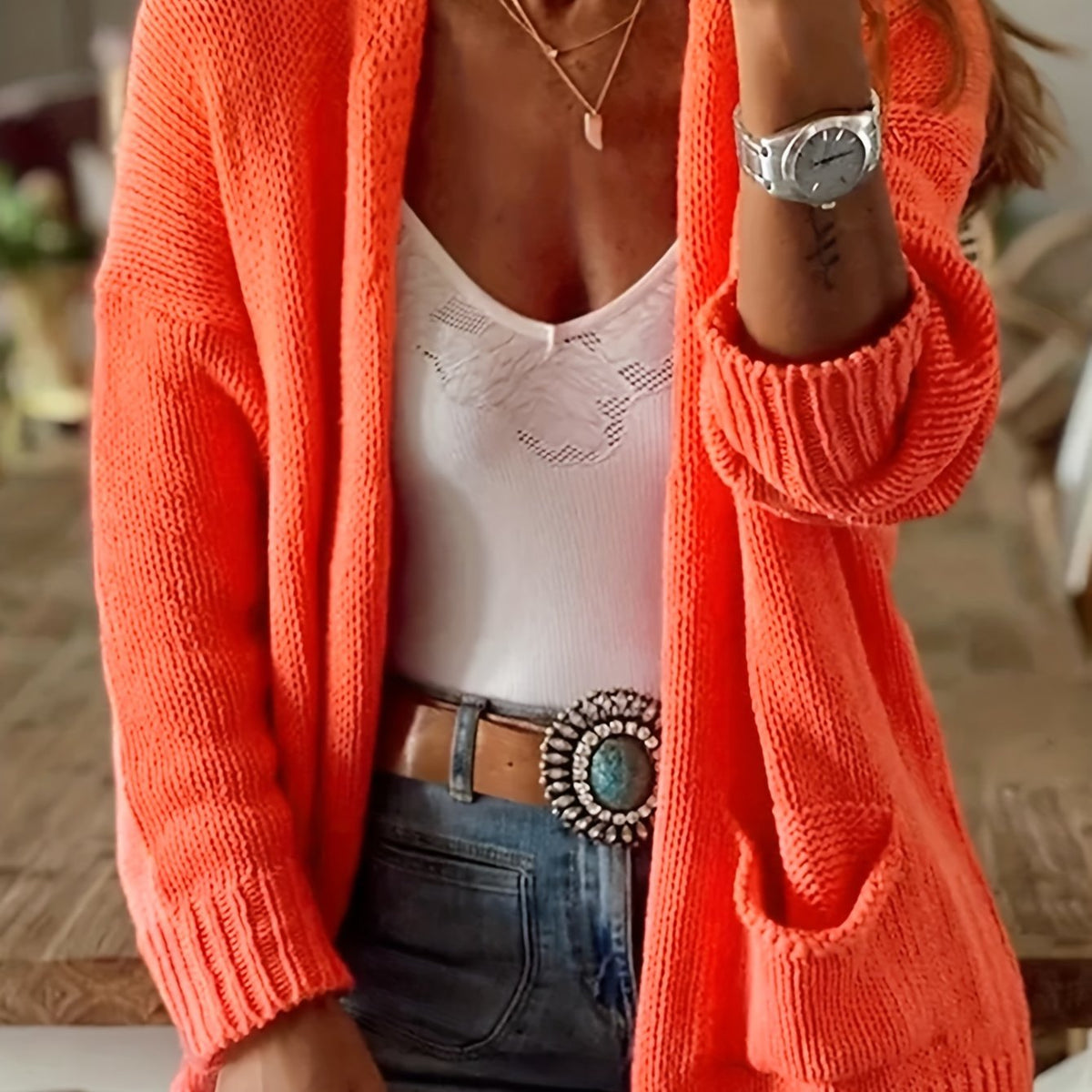  Solid Open Front Cardigan with Pockets