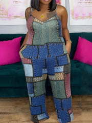  Casual Jumpsuit Denim Print Straight Leg Jumps