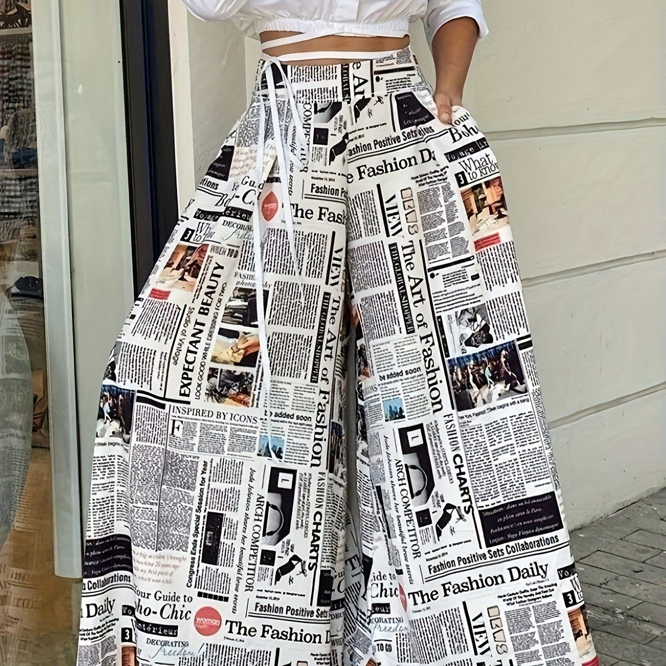 Newspaper Print Wide Leg Trousers High Rise Elastic Waist