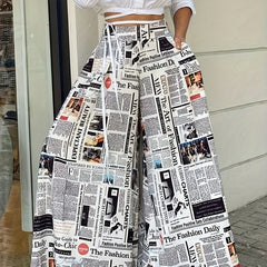Newspaper Print Wide Leg Trousers High Rise Elastic Waist