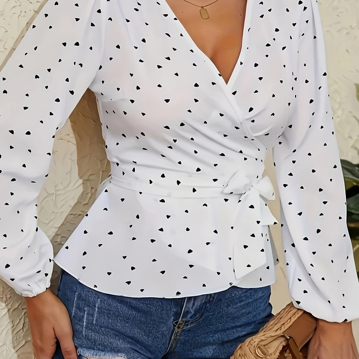  Heart Print Long Sleeve Peplum Top