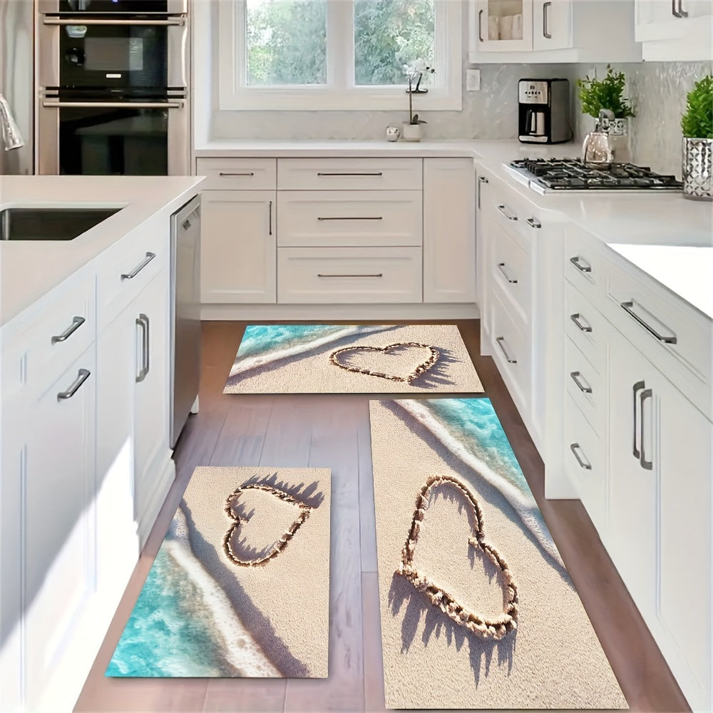 Romantic Wave & Heart Print Rug - Machine Washable Kitchen Carpet