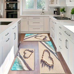 Romantic Wave & Heart Print Rug - Machine Washable Kitchen Carpet