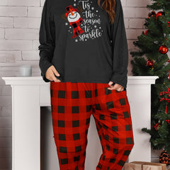  Snowman & Letter Print Long Sleeve Top & Plaid Pants Pajamas Set