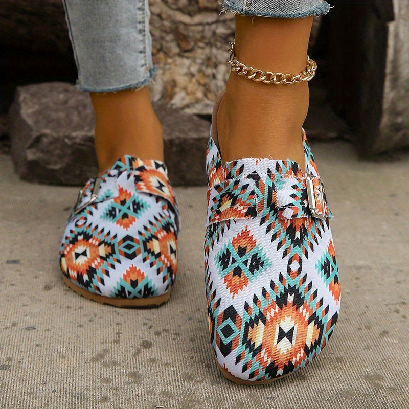 Women's Geometric Pattern Mules Casual Slip On Flat Shoes