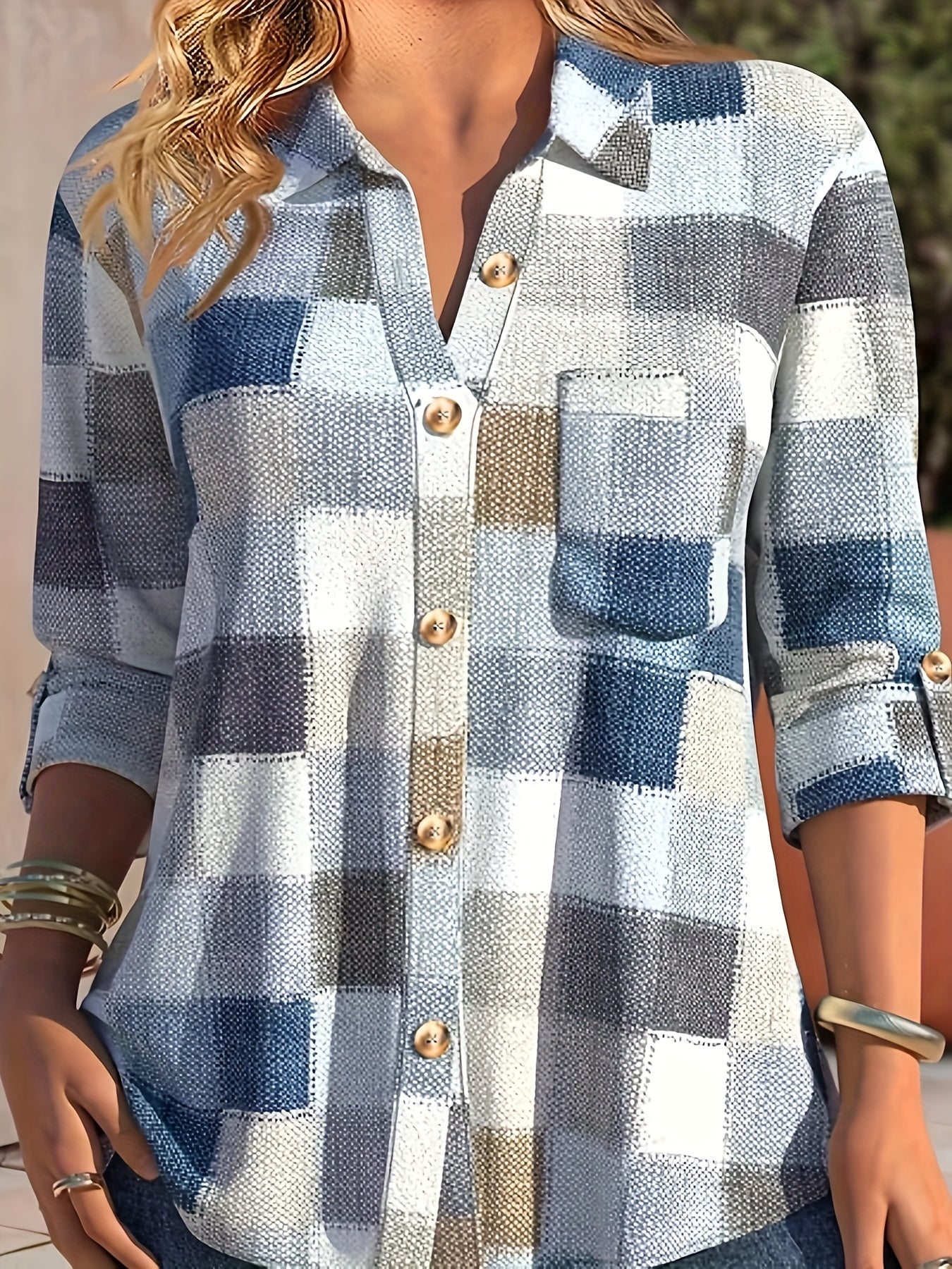  Denim Print Button Up Blouse