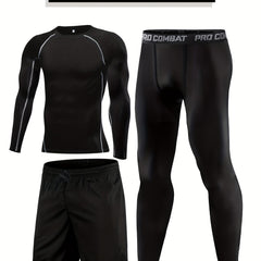 Men's 3pc Compression Suit Set Quick Dry Sweat Absorb Sports Fitness