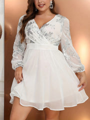  Solid Sequin Long Sleeve Surplice Neck Dress