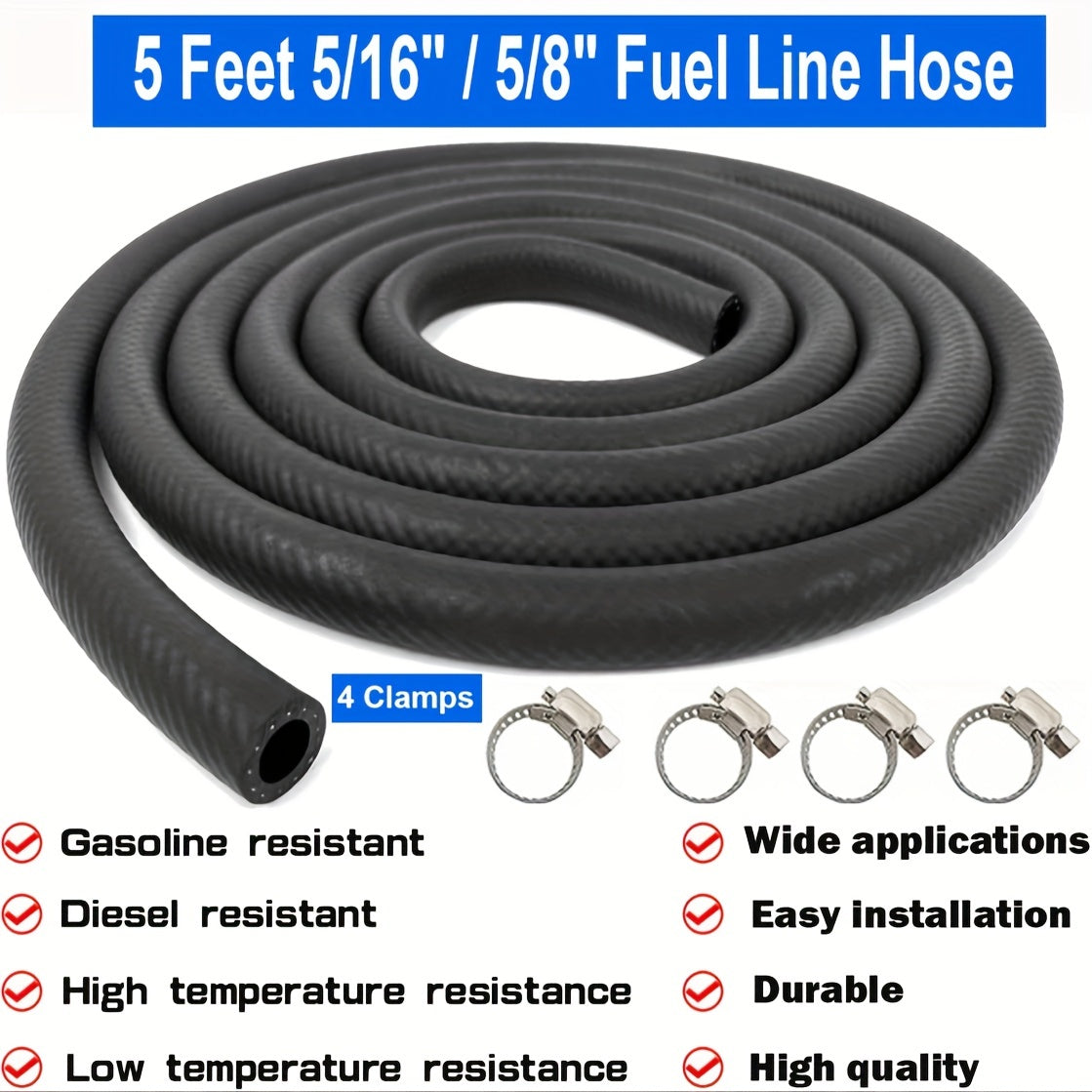 5ft Fuel Line Hose with Clamps 150PSI