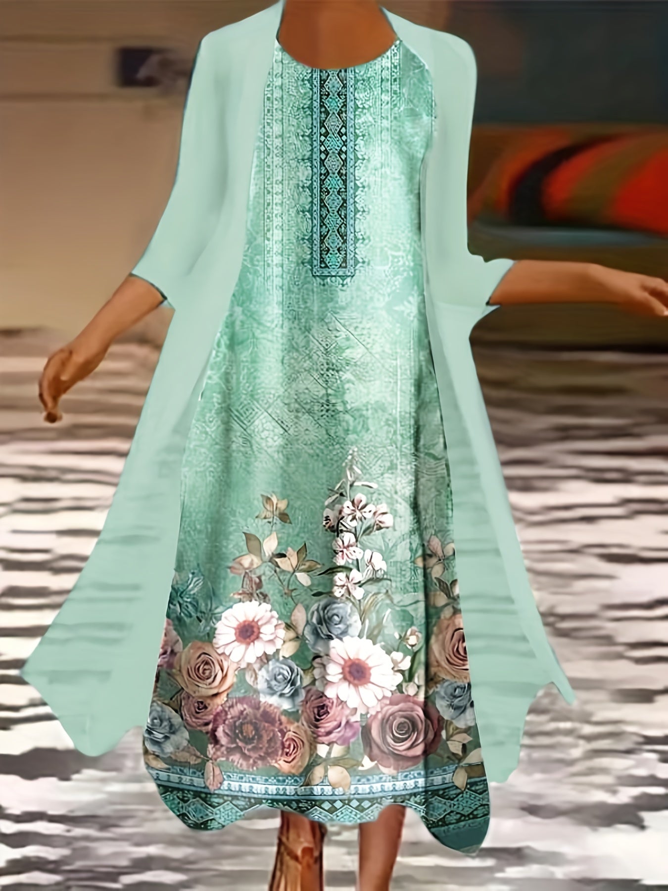 Women's Plus Floral Print Tank Dress & Long Sleeve Coat Set