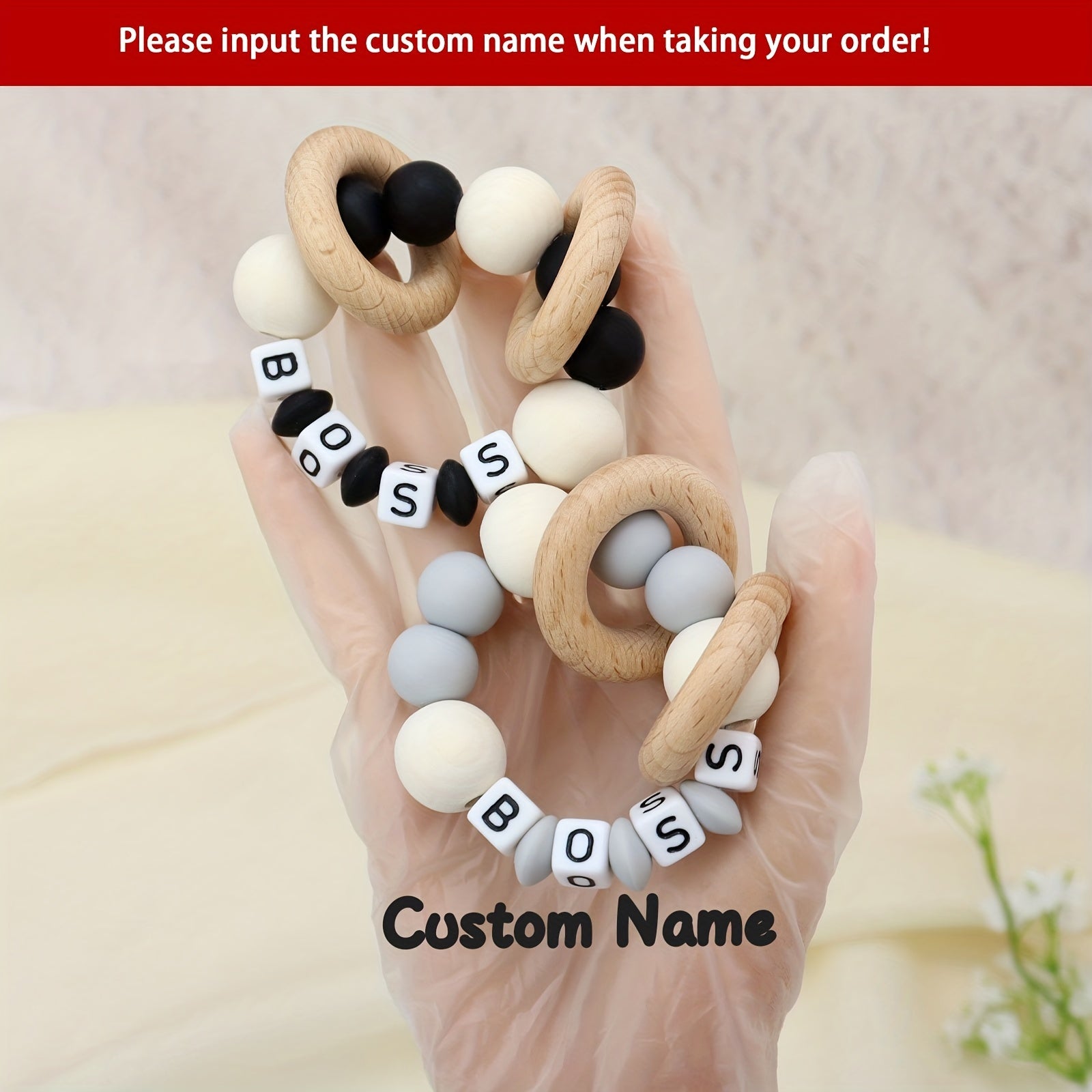 Personalized Wooden Teether Ring with Silicone Beads