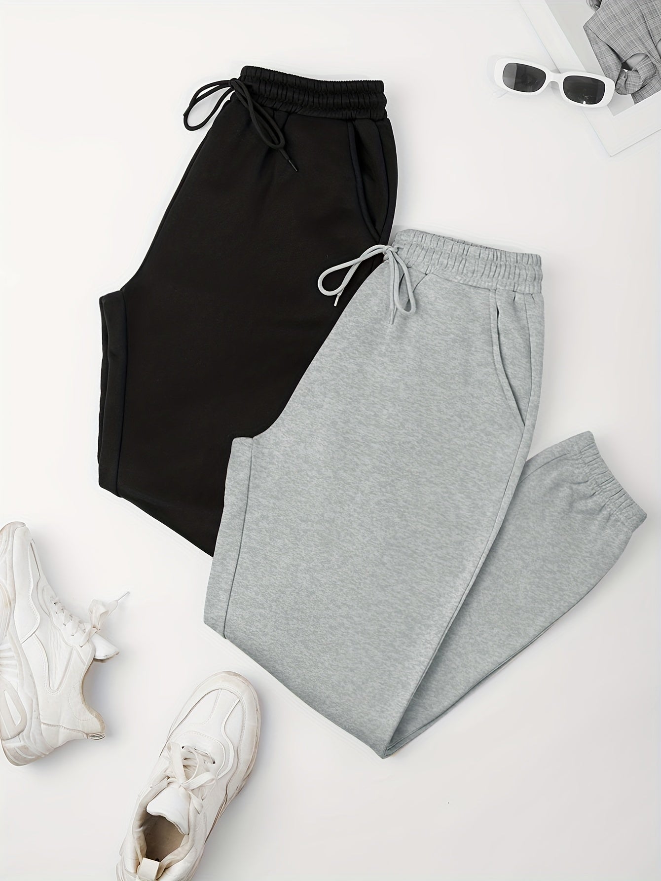 2 Pack Plus Size Sports Pants Women's Plus Elastic Drawstring Jogger Trousers