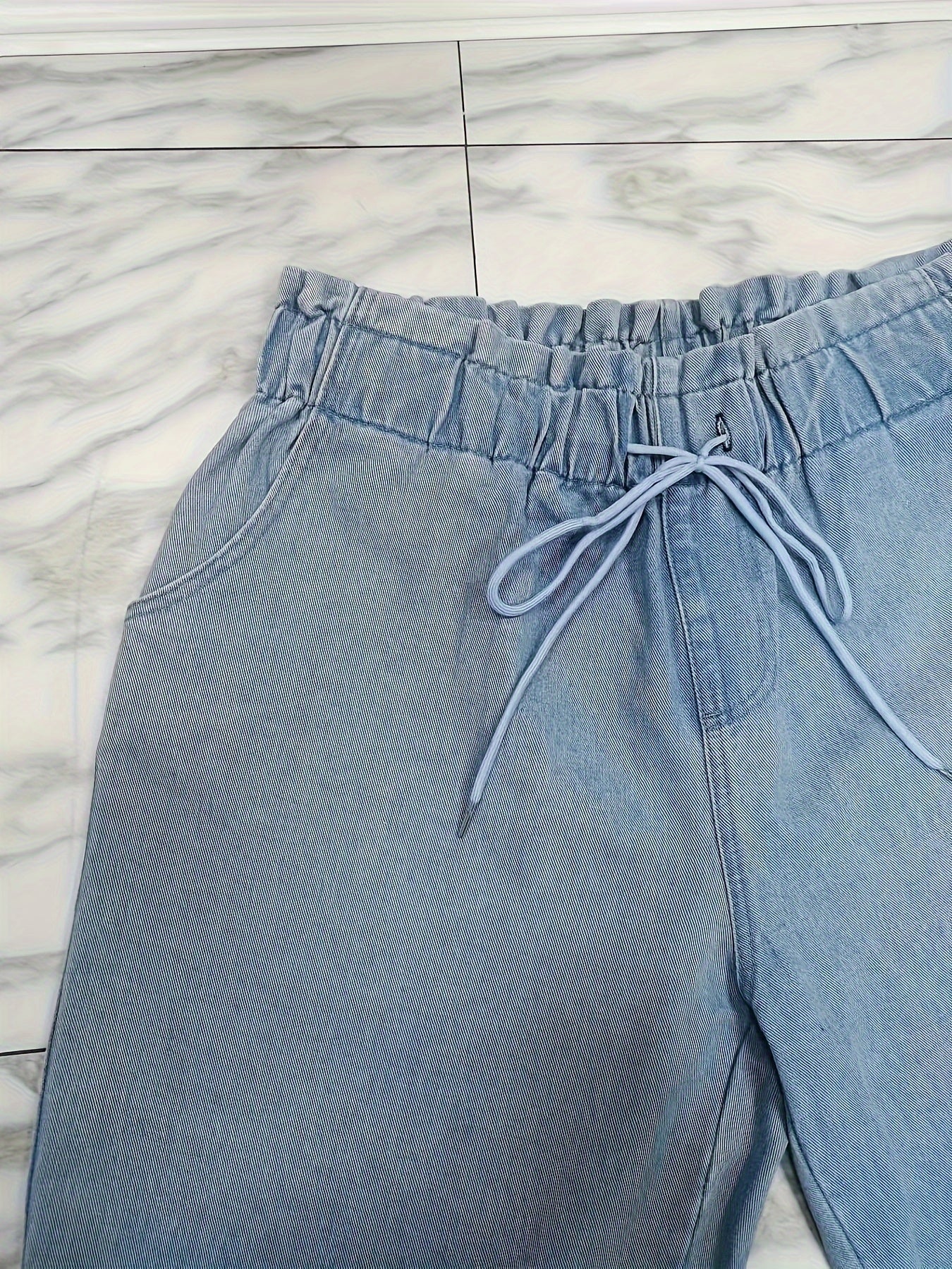  Casual Jeans Women's Plus Solid Drawstring Paperbag Waist Jeans