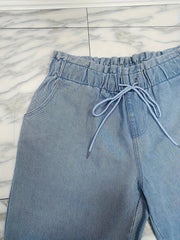  Casual Jeans Women's Plus Solid Drawstring Paperbag Waist Jeans