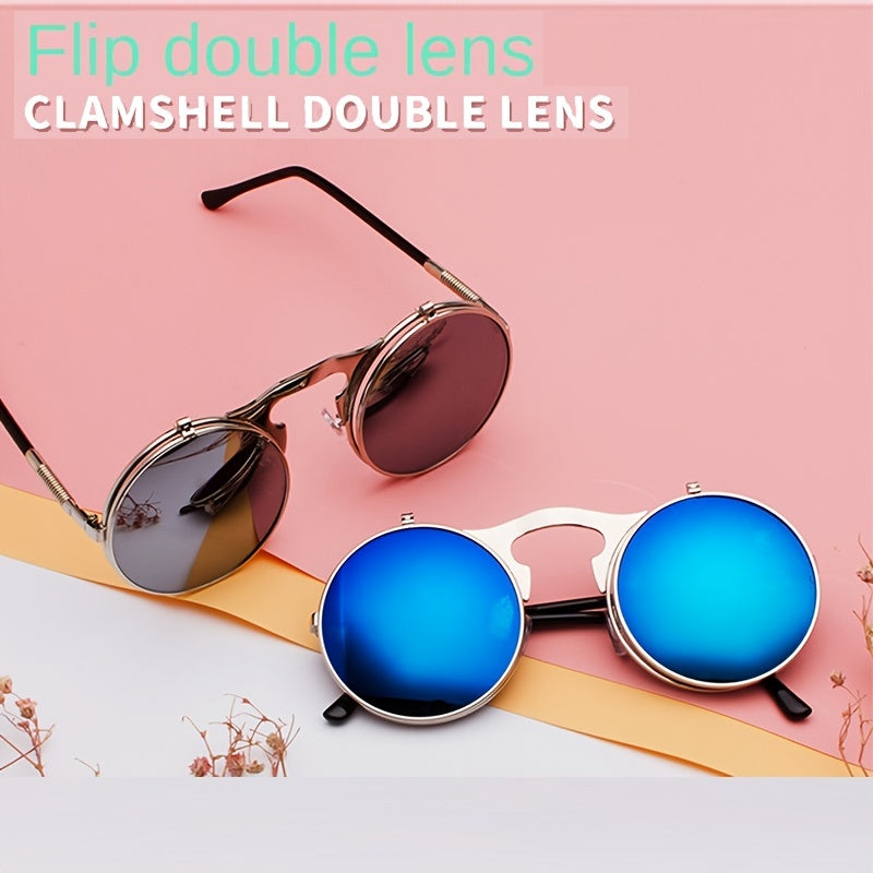 Vintage Metal Steam Punk Flip Sunglasses Unisex Round Frame Sungl