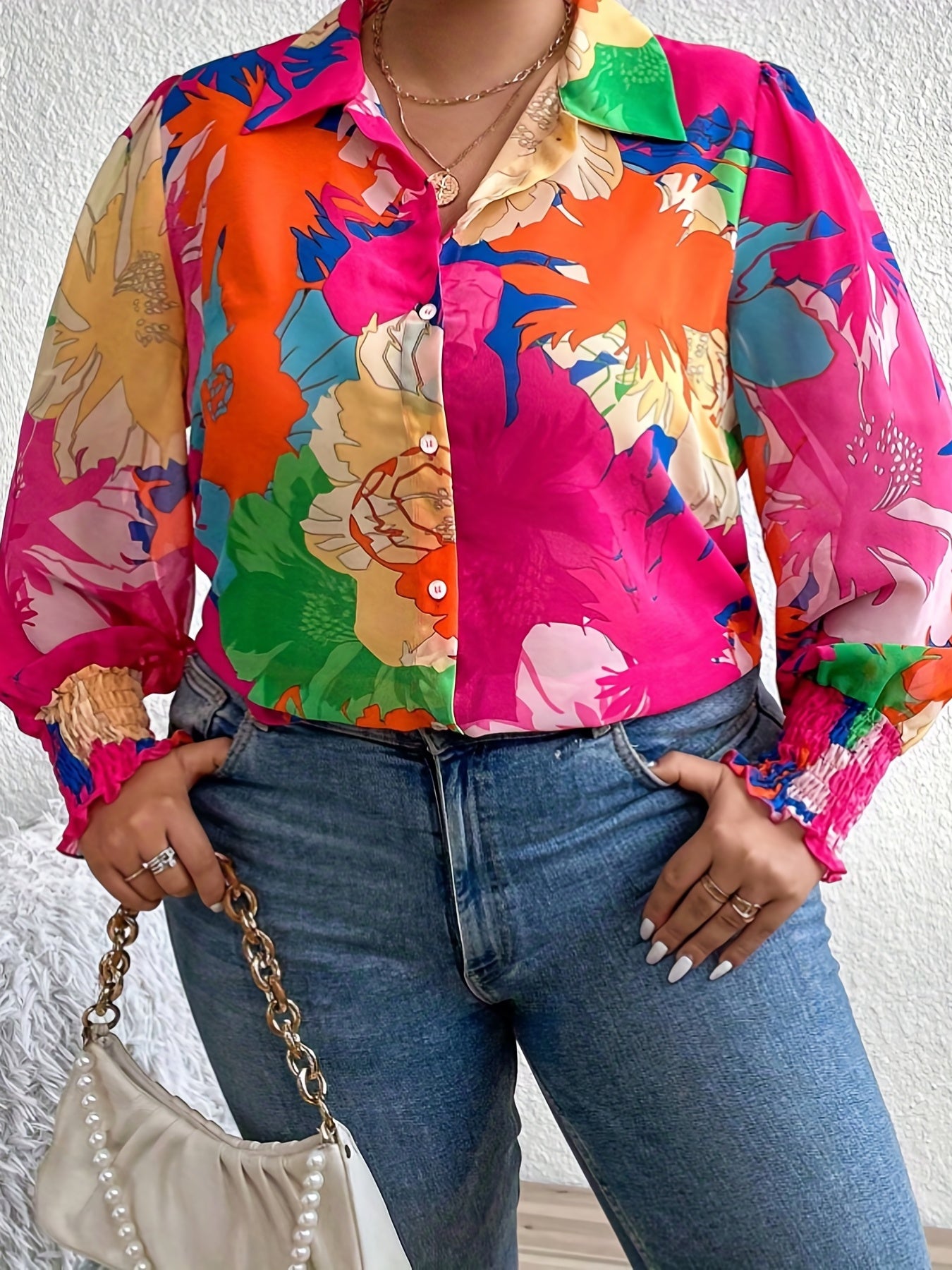  Contrast Floral Print Long Sleeve Shirt Top