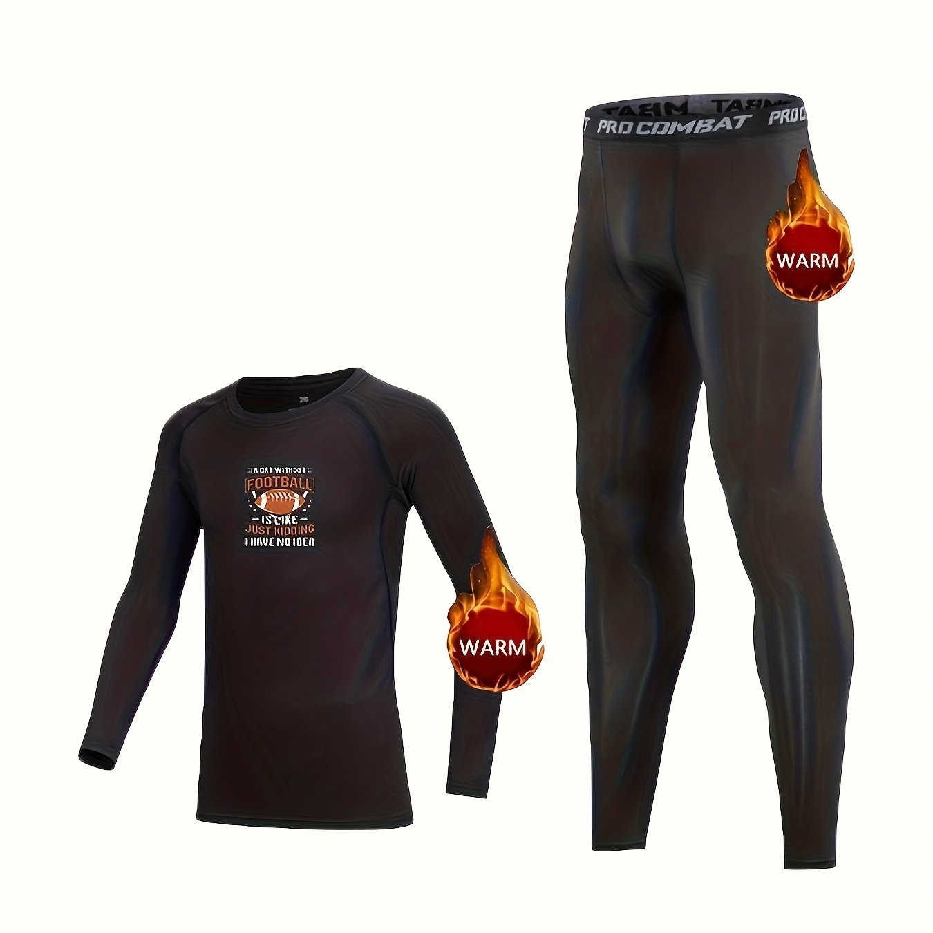 2pcs Kids Thermal Compression Sets Football Print Shirt Pants Warm Tight Bottoms