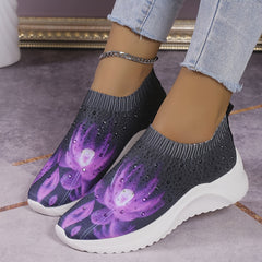 Rhinestone Decor Floral Sneakers Low Top Slip On Knit Sock Shoes