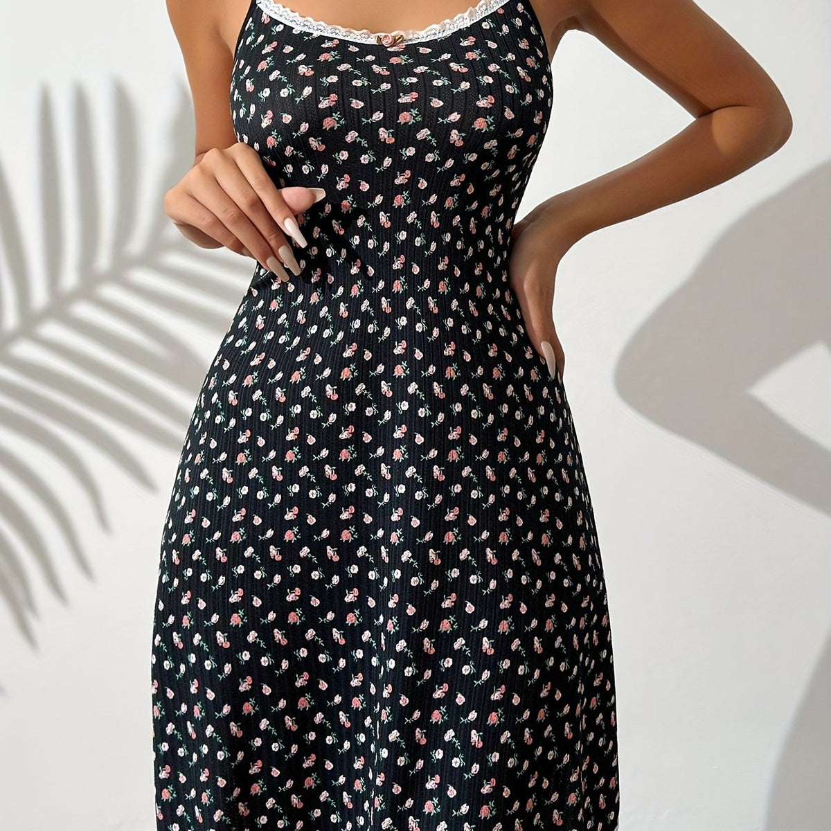 Floral Print Slip Nightdress Crew Neck Lace Trim Sleep Dress