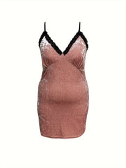  Sexy Nightdress Lace Trim V Neck Bodycon Velvet Cami Sleep Dress