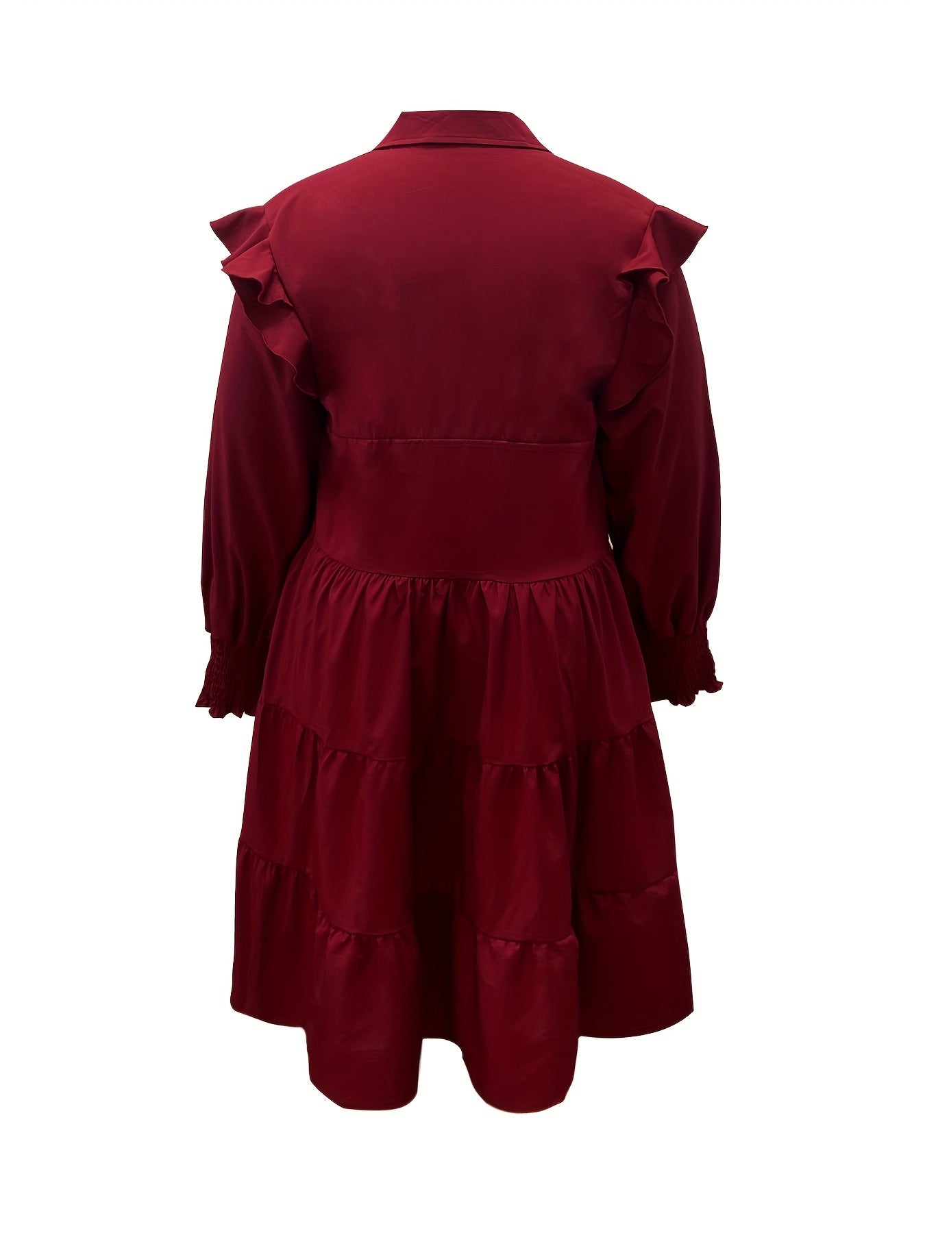  Casual Dress Solid Ruffle Trim Shirred Long Sleeve Lapel Collar Dress