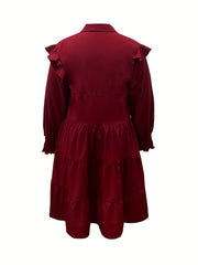  Casual Dress Solid Ruffle Trim Shirred Long Sleeve Lapel Collar Dress