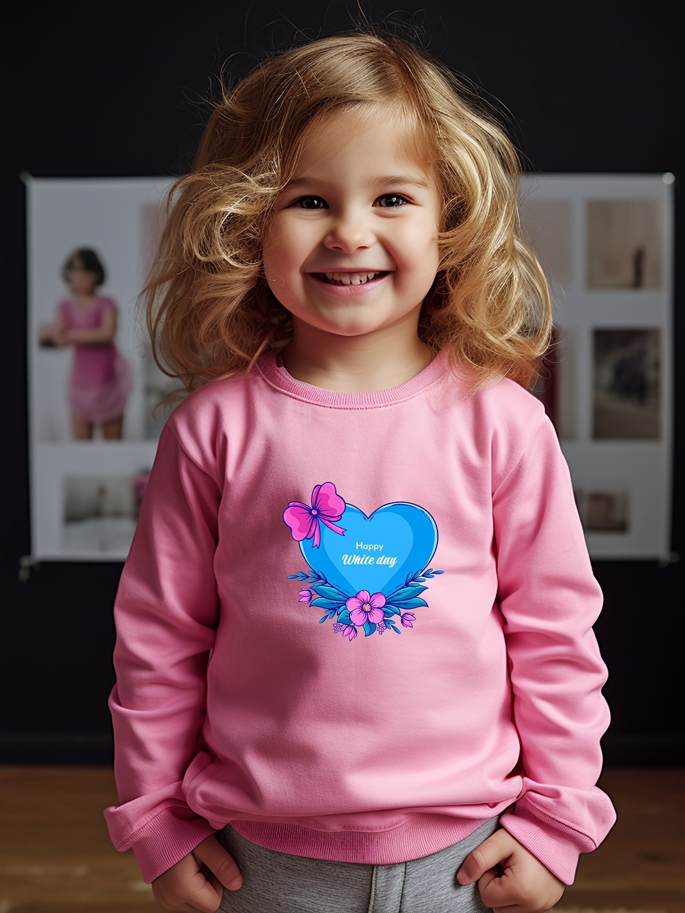 Girls Love Heart Print Sweatshirt Crew Neck Pullover