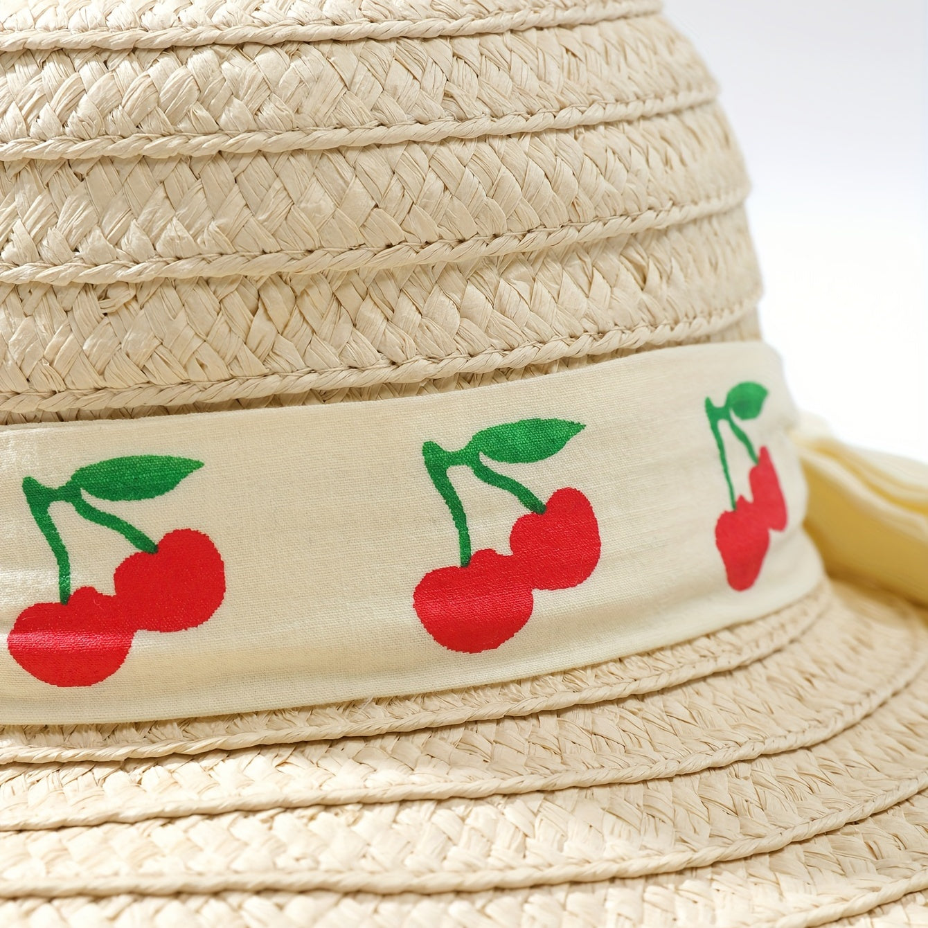Beige Straw Sun Hat Cherry Print Ribbon Bowknot UV Protection