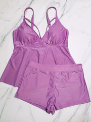  Tankini Set Women's Plus Solid V Neck Padded Cami Top & Boyshorts Swim