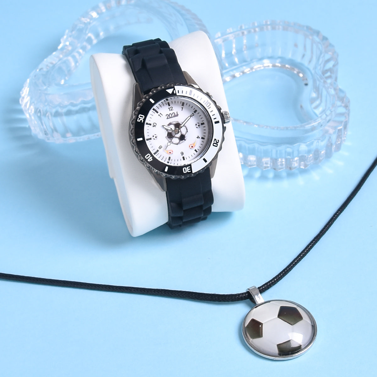 Boys Football Luminous Quartz Watches Set with Pendant Necklace