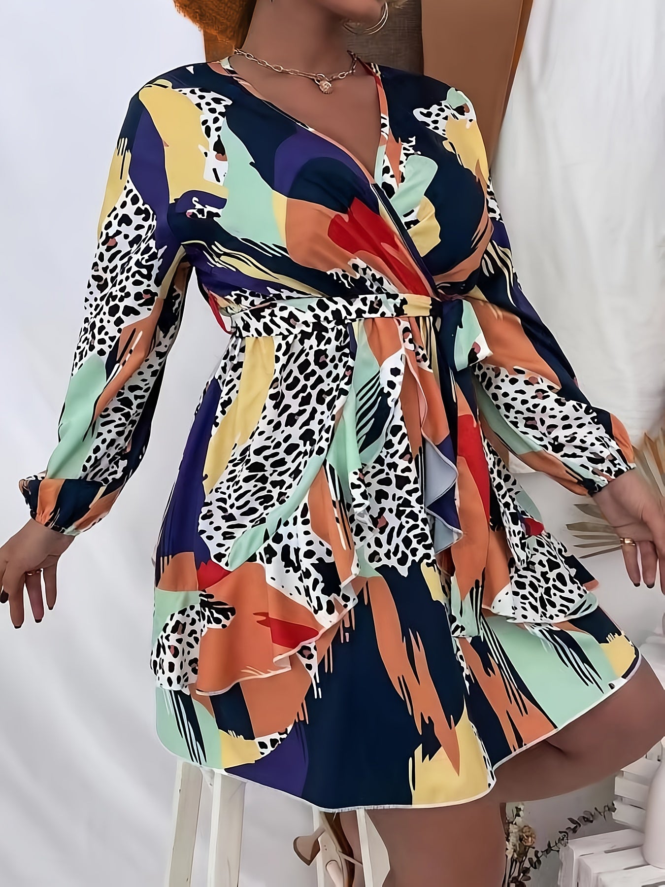  Colorblock Leopard Print Long Sleeve Mini Dress